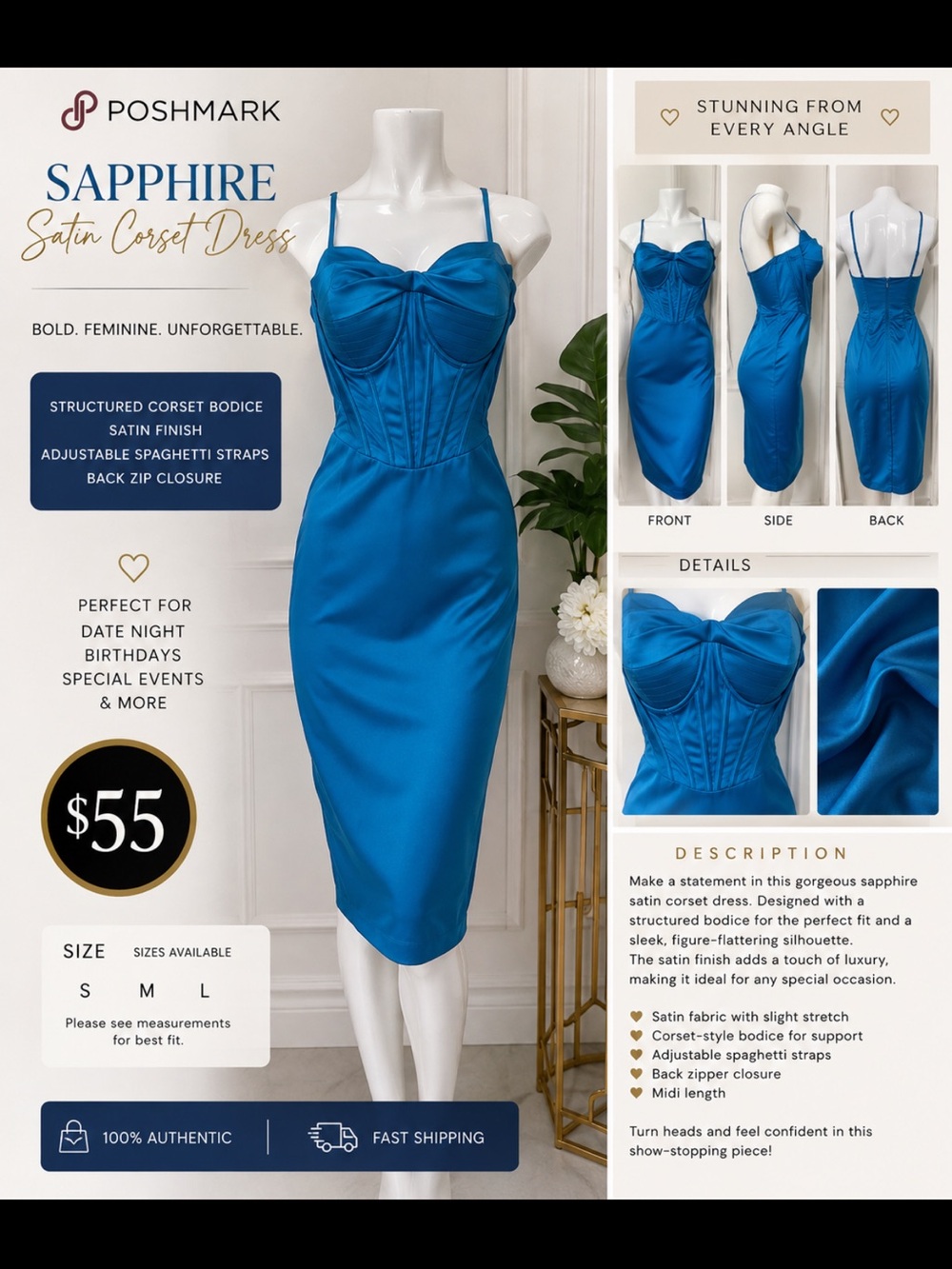 Sapphire Satin Corset Dress in Blue